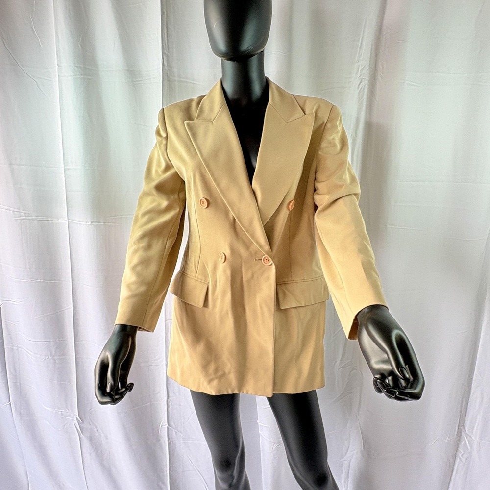 Votre Nom Blazer Jacket Womens 2 Beige Double Breasted Longline Microfiber
